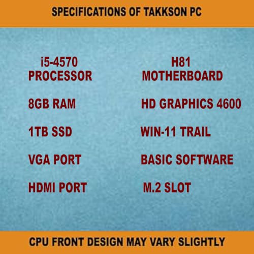 Image of TAKKSON Computer Desktop PC | Core i5 4th Gen | 8 GB RAM | 1 TB SSD | HDMI | VGA | Ethernet | HD Graphics | USB 3.0 | Windows 11 Pro | Office | Basic Software Installed CPU
