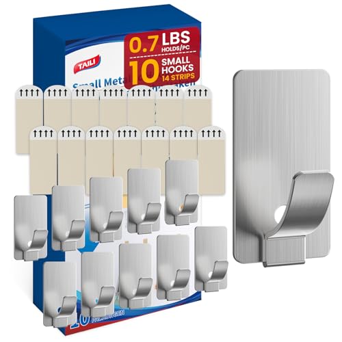 Image of TAILI Hooks for Hanging 10 Metal Sticky Hooks and 14 Adhesive Strips Silver