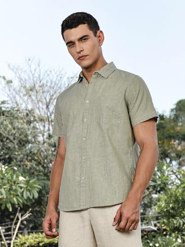 Image of Thomas Scott Men's | Solid | Linen Blend | Slim Fit | Short Sleeve | Spread Collar | Casual |Shirts for Men