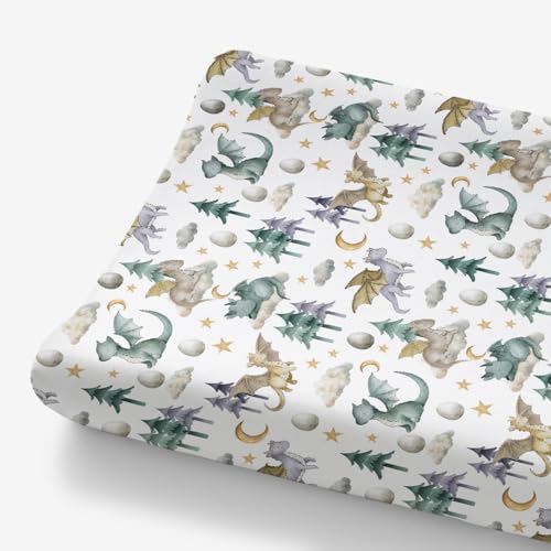 Image of HawSkgFub Watercolor Cute Dragon Fairy Tale Changing Pad Cover for Baby Boy, Cloud Moon Star Dragons Egg Diaper Change Table Covers, Soft Stretchy Safe Snug Fitted Changing Mat Sheet Fit 32"/34" x 16"