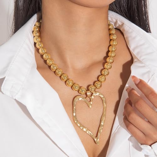 Unique Big Chunky Gold Heart Beads Necklace for Women, Charm Large Thick Hollow Love Heart Pendant Beaded Chain Choker Necklaces Party Y2K Jewelry Gift3