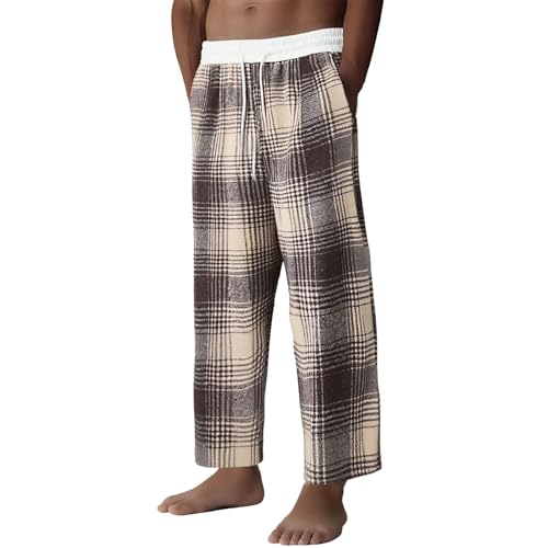 Men's Brushed Warmth Home Pants Woolen Flannel Plaid Long Pant Loose Casual Elastic Waist Touusers with Pockets