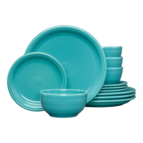 Fiesta Bistro Coupe 12-Piece Dinnerware Set Durable Ceramic Lead-Safe Dishwasher/Microwave/Oven Safe Made in USA Dinnerware - Turquoise
