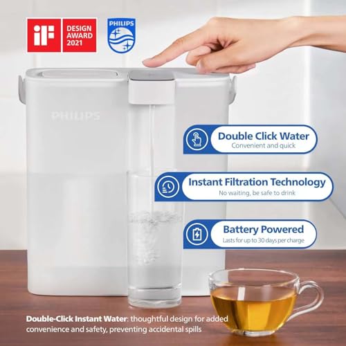PHILIPS GoZero Next-gen Instant Water Filter Pitcher, Rechargeable Battery, Mirco-X Clean Technology, 3L 12 Cups, 1L/min Fast Flow, Countertop Filtered Water Purifier Jug for Tap Water, 1 Filter
