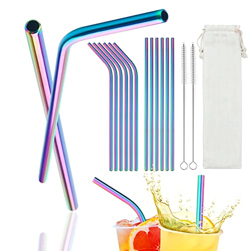 AHRITA 12 Stück Edelstahl Strohhalme Wiederverwendbar, Trinkhalme Edelstahl, Metall Strohhalm, Bunte Dünne Trinkröhrchen mit 2 Reinigungsbürste für Fruchtsäfte, Cocktails, Smoothies, Kaffee Cover