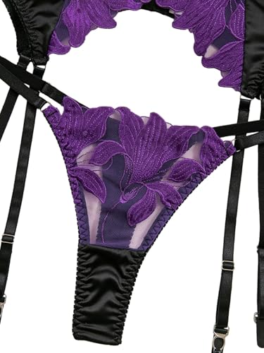Image of Lilosy Sexy Leaf Floral Embroidered Mesh Sheer Women Underwire Push Up Lingerie Set