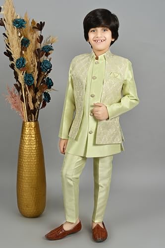 Image of AHHAAAA Kids Ethnic Silk Blend Waistcoat Kurta Pyjama Sherwani Set For Boys