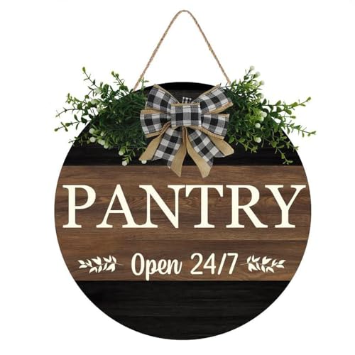LQNMPPH Pantry Open 24/7 Framed Sign Front Door Porch Decoration Round Rustic Wooden Hanging Sign With Bow and Straw Ring for Family Holiday Front Door Sign Decoration 12x12 inch