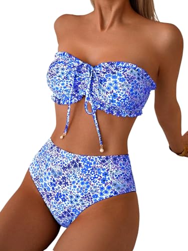 GORGLITTER Bikini Damen Sets Bandeau Bikinitop und Bikinihose Floral Badeanzug Set Bademode Sommer Swimwear Strandurlaubs Outfit Königsblau M