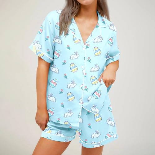 Image of Women Easter Pajamas Set Cute Bunny Button Down Shirt and Shorts 2 Piece Pj Set Y2K Easter Outfits
