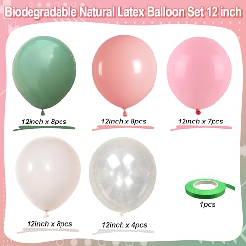 Image of Retro Pink and Sage Green Balloons, Olive Green Pale Pastel Pink Cream White Clear Transparent Balloon for Fairy Tea Party, Floral Balloons as Baby Shower Wedding Nutcracker Birthday Party Decoration