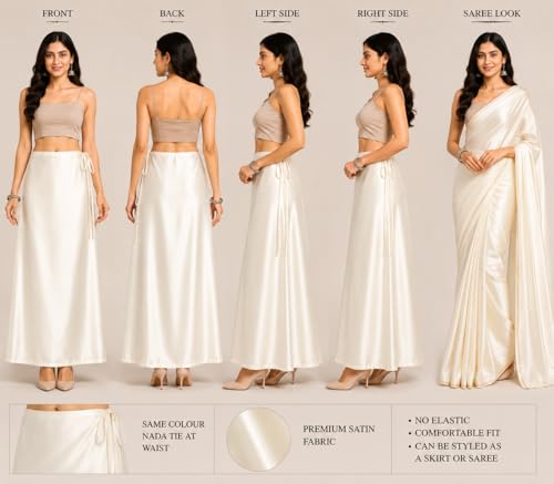 Image of OFEEFAN Women's Satin Saree Petticoat, Soft Satin Saree Underskirt, Free Size with Adjustable Drawstring