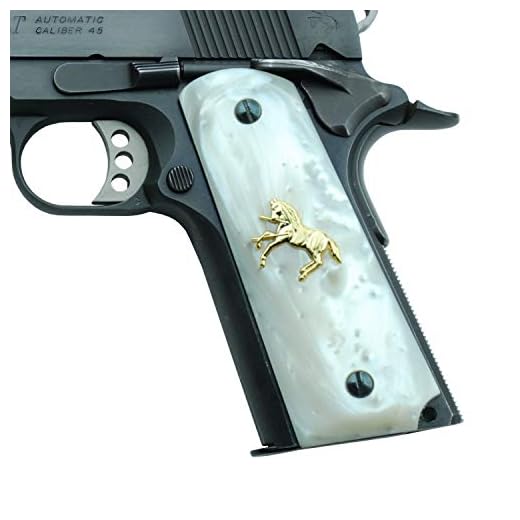 Altamont 1911 Grips - White Pearl - Full Size 1911 Grips w. Ambi Safety fits Most Commander, Standard & Government 1911 Models - Made in USA - White with Gold Colt