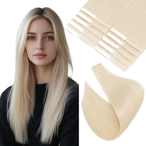 Image of Elailite Tape in Hair Extensions Human Hair Thick Real Remy Hairpieces Platinum Blonde 20 Inch 50g 20pcs Straight Invisible Seamless Skin Weft Best Tape for Women