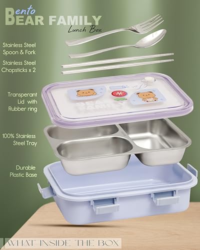 Image of Brand Conquer Lunch Box Leak-Proof BPA Free Stainless Steel for School, Lunch Box for School & Office with a Fork, a Spoon and a Pair of Chopsticks (Purple, Bear Family 3 Compartment)