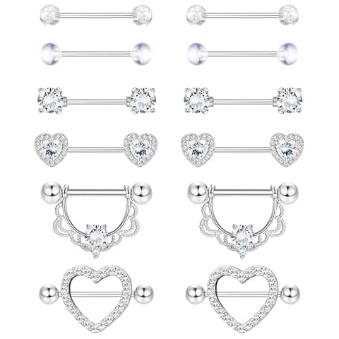 Diamday 6Pairs 14G Nipple Bars Tongue Bars 316L Surgical Steel Heart CZ Barbell Nipple Piercing Jewelry Sliver Cover
