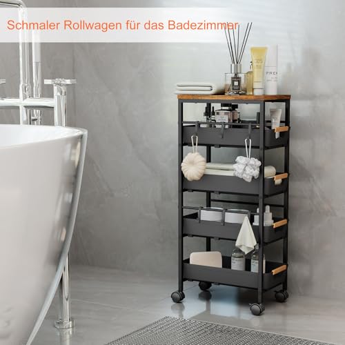Landmok 5-étagiger Schmaler Aufbewahrungswagen mit Holzplatte, Rollender Küchenwagen mit Ausziehkörben & Rädern, Schmaler Organizer Schubladenwagen mit Auszug für Küche, Bad, Waschküche, Schwarz​