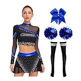 YiZYiF Damen Cheer Leaderin Kostüm Cheerleading Mit Pompoms Kopfschmuck Socken Langarm Top Faltenrock Schulmädchen Kostüm Karneval Halloween B_Königsblau S