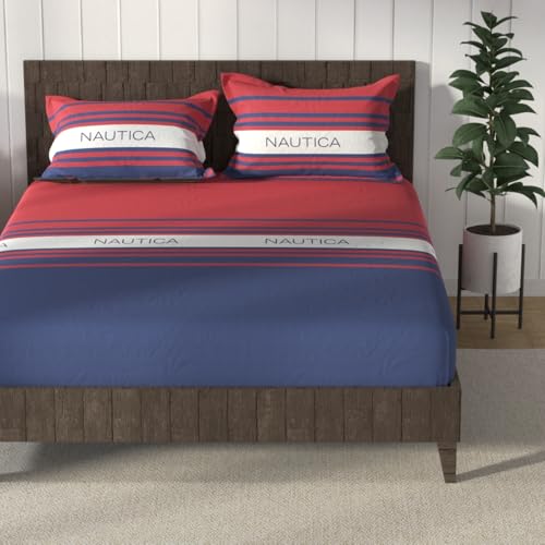 Image of NAUTICA Cotton King Bedsheet with 2 Pillow Covers -3pc Set (noridge) | 160TC | Super Soft Touch Stripe-red /Blue