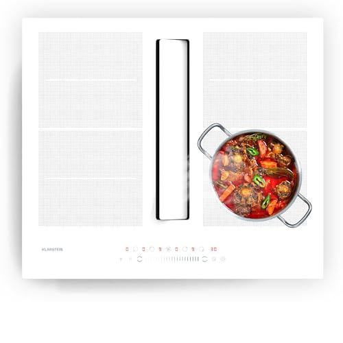Klarstein Chef-Fusion table de cuisson à induction avec hotte intégrée - 7200 W, Boost 8400 W, débit d'air 590 m³/h, efficacité énergétique A, design verre, Flex Zone, 60x30x52 cm