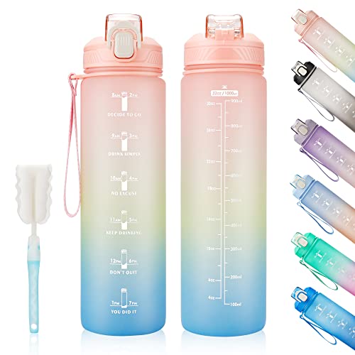 YC Kitchen Water Bottle with Time Marker, 1L Water Bottles with Straw