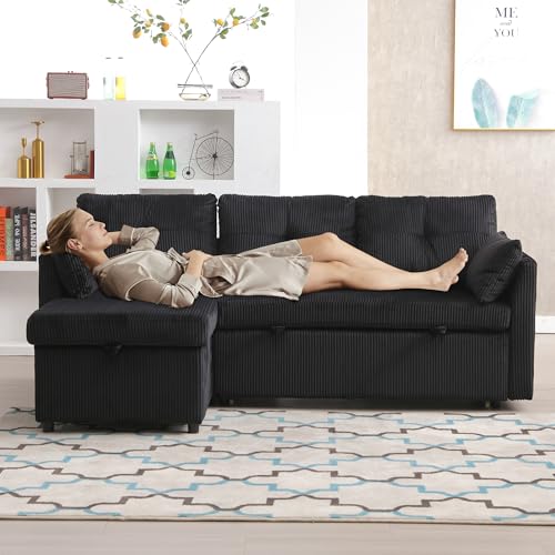 Merax Sofa Ecksofa mit Schlaffunktion, Praktisches Schlafsofa mit Bettkasten, Stauraum, Links und Rechts austauschbar, Modernes L-förmiges Schlafcouch für Wohnzimmer/Schlafzimmer, Samt, Schwarz Merax Sofa Ecksofa mit Schlaffunktion, Praktisches Schlafsofa mit Bettkasten, Stauraum, Links und Rechts austauschbar, Modernes L-förmiges Schlafcouch für Wohnzimmer/Schlafzimmer, Samt, Schwarz