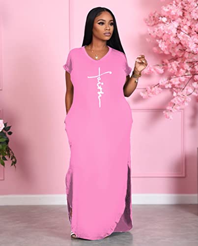 Image of Women Summer V Neck Loose Side Split Maxi Dresses with Pocket