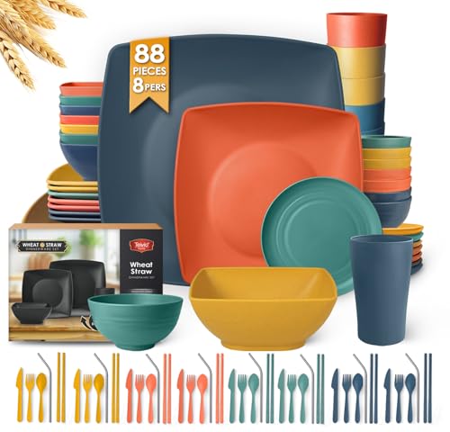 Teivio 88-Piece Kitchen Plastic Wheat Straw Square Dinnerware Sets for...