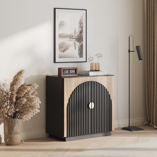 Image of BELLEZE Modular Fluted Sideboard Buffet Cabinet with Storage, Mid-Century Modern Console Table with Symmetrical Arched Doors, Elegant Credenza for Dining Room, Kitchen, and Living Room, Camel
