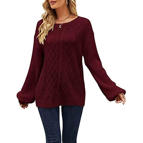 shermie Womens Jumpers Oversized Loose Fit Casual Puff Lantern Sleeve Sweatershirts Chunky Cable Knit Jumpers Wine Red Cover