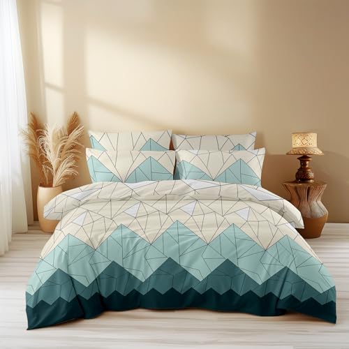 Image of LOOMLYFE 300 TC All Season King Size AC Comforter || Blanket || Duvet with 1 King Size Elastic Fitted Bedsheet and 2 Large Pillow Cover - 4 Piece Comforter Set - BeigeGreenTRI