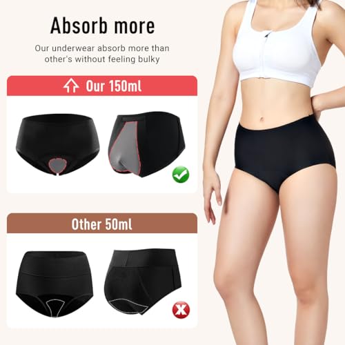 Image of Carer Womens Incontinence Underwear, 150ml High Absorbent, 2 Pack Black 2XL | Washable Bladder Leak Proof Underwear for Women, Reusable Womens Incontinence Panties, Urine Leakage Protective Panties