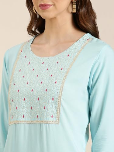 Image of SHOWOFFFF Women Solid Straight Ethnic Kurta | Round Neck 3 /4th Sleeves Cotton Kurta for Womens | Regular Fit Calf Length Kurta for Women's