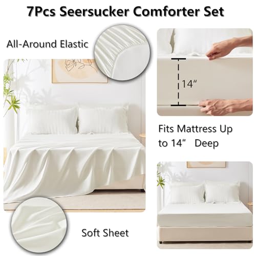 Image of CozyLux Oversized King Comforter Set with Sheets, 7 Pieces 120 inchx98 inch Ivory Seersucker Bed in a Bag, Luxury Soft Bedding Sets with Down Alternative Comforter, Sheets, Pillowcases & Shams for All Seasons