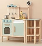 Pillowhale 2-in-1 Wooden Play Kitchen with Storage Rack, Kids Pretend Cooking Set w/Sink, Stove, Microwave & 8 Accessories, Montessori Toddler Kitchen Toy Gift for Boys & Girls Age 3+ (Blue)