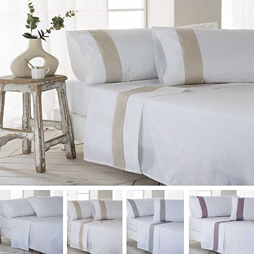 Juego de sabanas 90x190 / 200 GORBEA BEIGE PERCAL ALGODÓN 100% 180 HILOS COLOR BLANCO Cama de 90 x 190/200. Incluye: sábana encimera + 1 funda de almohada + sábana bajera ajustable 90x190 / 200