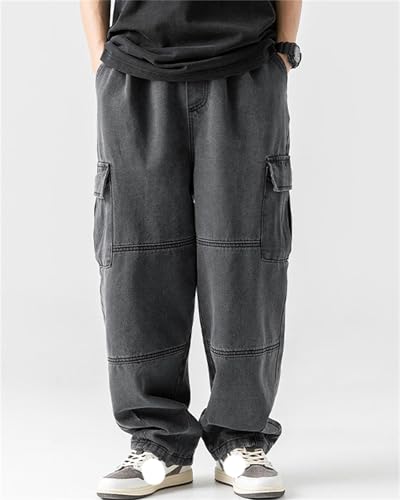 Men's Patchwork Jeans Loose Baggy Hip Hop Wash Straight Leg Denim Cargo Pants Drawstring2