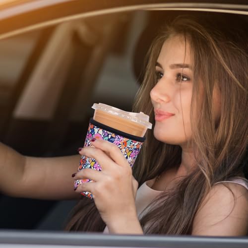 Image of Reusable Insulated Neoprene Iced Coffee Cup Sleeve, Durable Drink Sleeve for Cold Beverages, Beverage Holder for Iced Coffee (Bloom Frenzy)