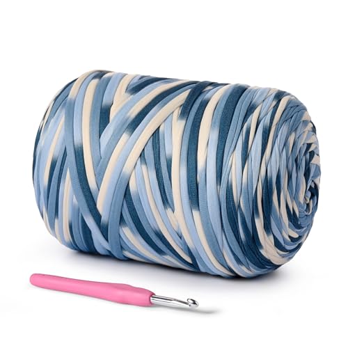 Image of (800g /228yds) T Shirt Yarn, Soft Tshirt Crochet Yarn for Crafts and DIY Knitting Crocheting Cloth /Bag /Basket /Coaster, 100% Polyeste Elastic Fabric Chunky Thick Yans (Blue-White)