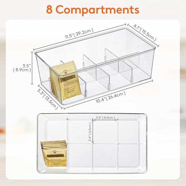 Lifewit 2 Pack Plastic Stackable Tea Bag Organizer, Divided Storage Bin Box for Kitchen Cabinets, Countertops, Pantry, Hold Coffee Pods, Sugar Packets, Condiments, 8 Sections