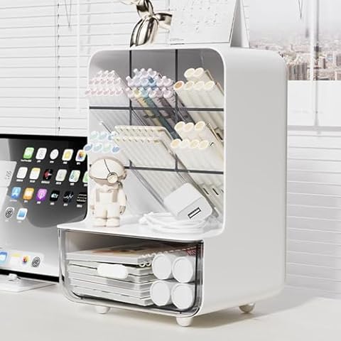 Pen Organizer for Desk, Desk Organizer with Drawer, Multi-Functional Pencil Holder with 6 Compartments and 1 Drawer Organization Storage Accessories for Office Home School Workspace (White) Cover