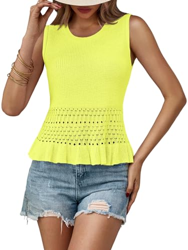 Image of Saodimallsu Womens Crochet Tank Top Sweater Vest | Sleeveless,Crew Neck,Pullover Top, Ruffle,Boho,Knit,Beach Vacation Outfits
