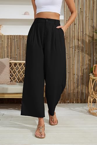 Linnet Pants for Women Elastic Waist Wide Leg Cropped Pants Trousers Loose Fit with Pockets A-Black4