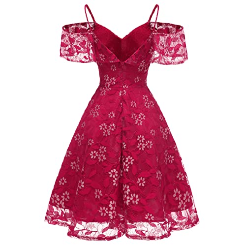 Image of IWEMEK Women Spaghetti Strap Floral Lace Bridesmaid Cocktail Party Dress Cold Shoulder Ruffle Sleeve Wedding Guest Prom Dress