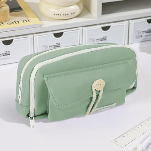 Image of Canvas School Bag Pencil Case, 3 Layer 6 Compartment Large Capacity, Aesthetic Pencil Pouch for Stationary, Cute Stationery for Kids, Pencil Case for Girls & Boys (Our Timer G)