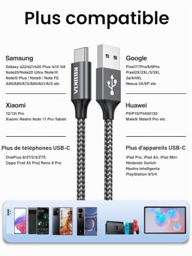 NIBIKIA Cable USB C Charge Rapide 3,1A, [2M/Lot de 2] Câble USB vers USB C – vue 6