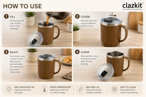 Image of Clazkit Travel Leak Proof Coffee Mug | Stainless Steel Coffee Tumbler | Spill-Proof Lid | Hot & Cold Vacuum Mug for Office, Travel & Car- 400ml Light Brown