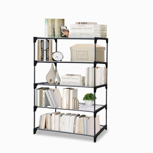 Image of 5 Tier Metal Book Shelf Tall Narrow Storage Rack for Kids and Adults Modern Bookshelf Unit for Nursery, School, Home, and Office, Floor Mount Open, Black