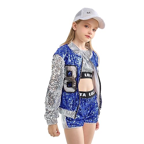 LOLANTA 4-Piece Girls Hip Hop Sequins Costume, Sparkly Graphic Jacket, Shiny Crop Tank Top, Metallic Shorts,4-15 Years