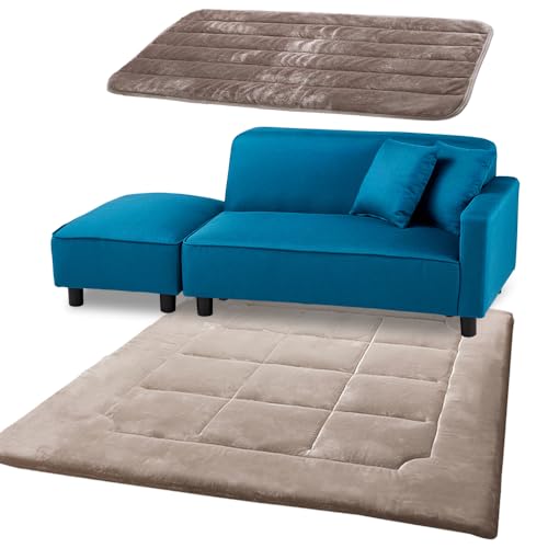 ソファ本体+ラグ185+パッドセット アイリスプラザ ソファ 2人掛け 木製胡坐カウチソファ 幅110cm クッション2個付き ブルー ラグ185 極厚あったか ベージュ フランネルソファパッド モカブラウン